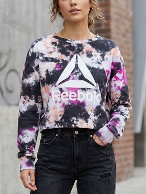 Reebok Women's Tie-Dye Crop Sweatshirt in Black/Pink  Size Large